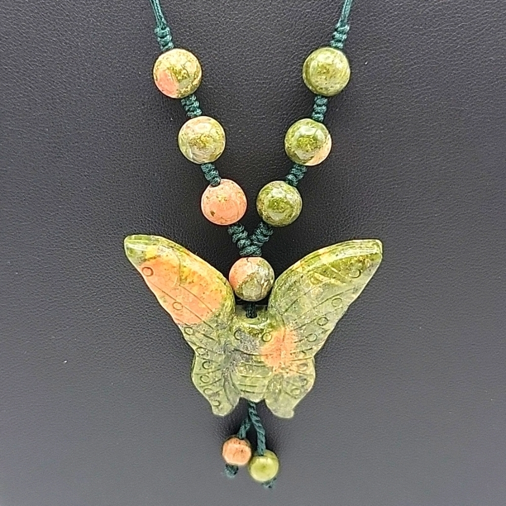 VTG Unakite Natural Gemstone Hand Carved Crystal Butterfly Pendant Necklace